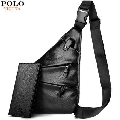 VICUNA POLO New Personality Leather Man Messenger Bag Brand Black Men's Fashion Chest Bag With Front Bag Casual Men Sling Bag