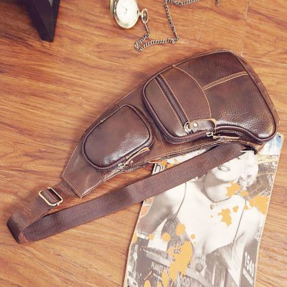 High Quality Men Genuine Leather Cowhide Vintage Sling Chest Back Day Pack Travel fashion Cross Body Messenger Shoulder Bag 3