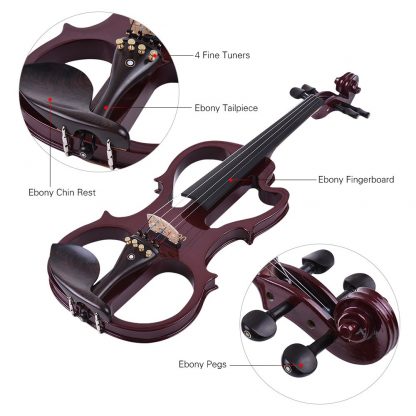 Hot sale ammoon VE-201 Full Size 4/4 Solid Wood Silent Electric Violin Fiddle Maple Body Ebony Fingerboard Pegs Chin Rest 5