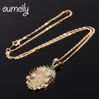OUMEILY Oval Angle Virgin Mary Maria Statement Necklace Catholic Religious Jewelry Gold Color Men Women Engagement Party Jewelry