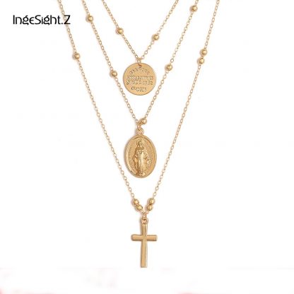 Ingesight Multilayer Cross Virgin Mary Pendant Beads Chain Christian Necklace Goddess Catholic Choker Necklace Collier for Women