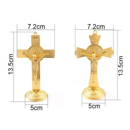 Gold Color Fashion Jesus Catholic Christian Holy Crucifix Ornaments Cross  Emmanuel Jesus Cross Statue with Base Figure Figurine 1