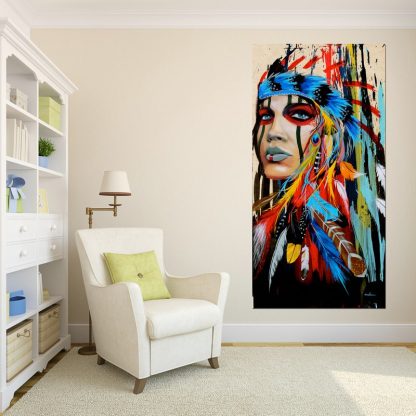 인테리어그림Modern Native American Indian Girl Feathered Canvas Painting For Living Room Wall Art Prints Home Decor free shipping Unframed 4