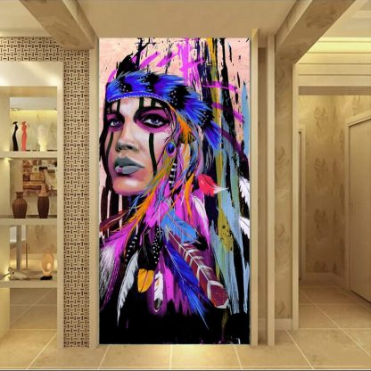 인테리어그림Modern Native American Indian Girl Feathered Canvas Painting For Living Room Wall Art Prints Home Decor free shipping Unframed 2