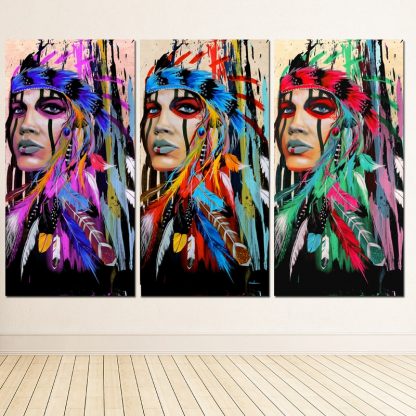인테리어그림Modern Native American Indian Girl Feathered Canvas Painting For Living Room Wall Art Prints Home Decor free shipping Unframed