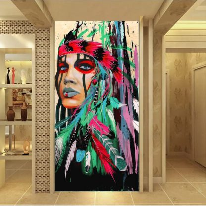 인테리어그림Modern Native American Indian Girl Feathered Canvas Painting For Living Room Wall Art Prints Home Decor free shipping Unframed 3