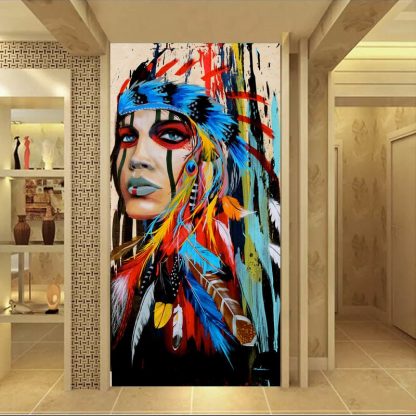 인테리어그림Modern Native American Indian Girl Feathered Canvas Painting For Living Room Wall Art Prints Home Decor free shipping Unframed 1