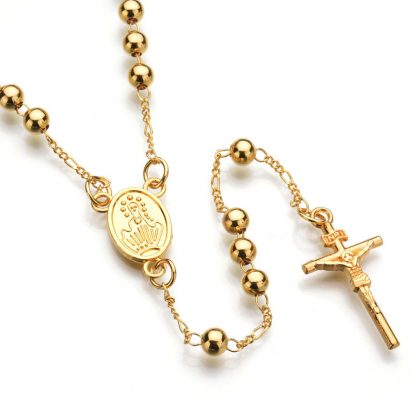 Gold Beads Rosary Blessed Goddess Pendant Necklace Hip Hop Golden Cross Jesus Necklace Christian Catholic Religious Jewelry 3