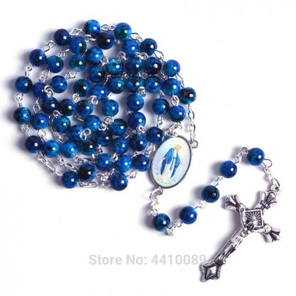 New Fashion Small Sized Round Blue Glass Beads Virgin Mary Catholic Rosary Necklace 1