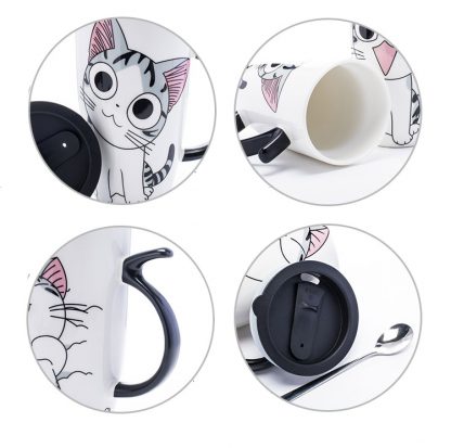 Drop shipping 600ml Creative Cat Ceramic Mug With Lid and Spoon Cartoon Milk Coffee Tea Cup Porcelain Mugs Nice Gifts 4