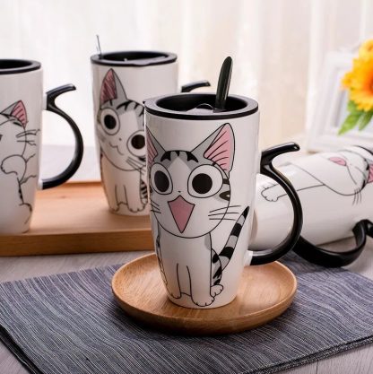 Drop shipping 600ml Creative Cat Ceramic Mug With Lid and Spoon Cartoon Milk Coffee Tea Cup Porcelain Mugs Nice Gifts 3