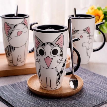 Drop shipping 600ml Creative Cat Ceramic Mug With Lid and Spoon Cartoon Milk Coffee Tea Cup Porcelain Mugs Nice Gifts 1