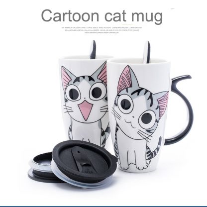 Drop shipping 600ml Creative Cat Ceramic Mug With Lid and Spoon Cartoon Milk Coffee Tea Cup Porcelain Mugs Nice Gifts 5