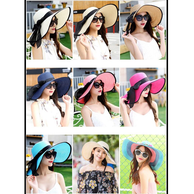 Summer Large Brim Straw Hat Floppy Wide Brim Sun Cap Bowknot Beach Foldable Hats New 2019 Hats for Women 4