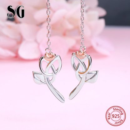 SG hot 925 sterling silver rose flower stud earring with long earrings summer fashion jewely gifts for women FREE SHIPPING 2