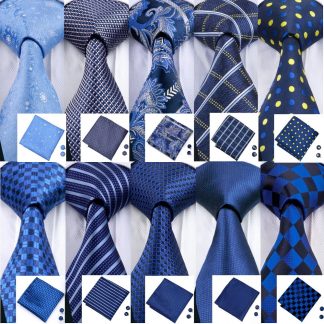 Designer Ties For Men 20 Styles Blue Fashion Silk Neckties Hanky Cufflinks Set For Men Wedding Party Tie Set Barry.Wang BL-01
