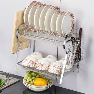 2 Tier R-Shaped Chrome Stainless Plate Dish Rack DrainBoard Drying Drainer Kitchen Accessories Organizer
