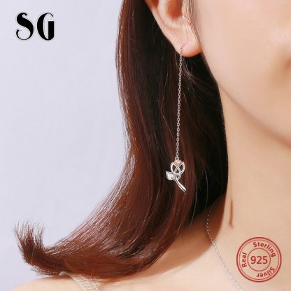 SG hot 925 sterling silver rose flower stud earring with long earrings summer fashion jewely gifts for women FREE SHIPPING 1