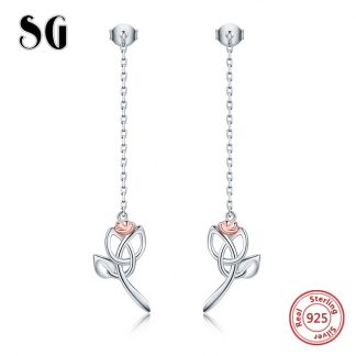 SG hot 925 sterling silver rose flower stud earring with long earrings summer fashion jewely gifts for women FREE SHIPPING