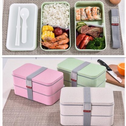 1200ml Wheat Straw Double Layers Lunch Box With Spoon Healthy Material Bento Boxes Microwave Food Storage Container Lunchbox 5