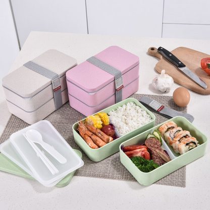 1200ml Wheat Straw Double Layers Lunch Box With Spoon Healthy Material Bento Boxes Microwave Food Storage Container Lunchbox 1