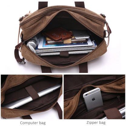 Scione Men Canvas Bag Leather Briefcase Travel Suitcase Messenger Shoulder Tote Back Handbag Large Casual Business Laptop Pocket 3