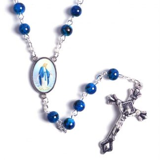 New Fashion Small Sized Round Blue Glass Beads Virgin Mary Catholic Rosary Necklace