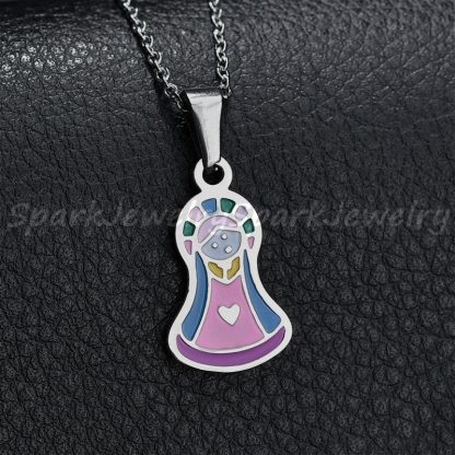 Religious Stainless Steel Virgin Mary Necklace Catholic Lady Of Guadalupe Necklace Cartoon Colorful Figure Chain Necklace  3