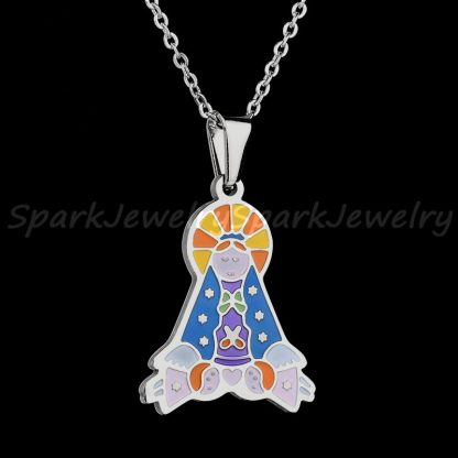 Religious Stainless Steel Virgin Mary Necklace Catholic Lady Of Guadalupe Necklace Cartoon Colorful Figure Chain Necklace  4