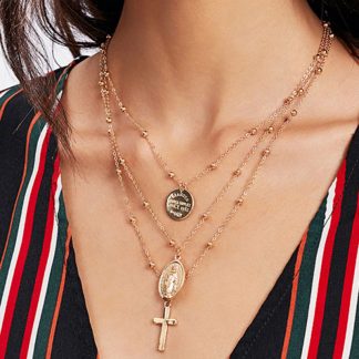 X86 Multilayer Cross Virgin Mary Pendant Beads Chain Christian Neckalce Goddess Catholic Choker Necklace Collier For Women