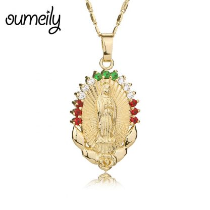 OUMEILY Oval Angle Virgin Mary Maria Statement Necklace Catholic Religious Jewelry Gold Color Men Women Engagement Party Jewelry 2