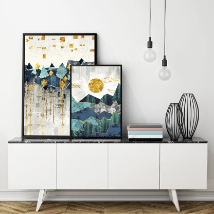 Nordic Abstract Geometric Mountain Landscape Wall Art Canvas Painting Golden Sun Art Poster Print Wall Picture for Living Room 2