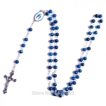 New Fashion Small Sized Round Blue Glass Beads Virgin Mary Catholic Rosary Necklace 3