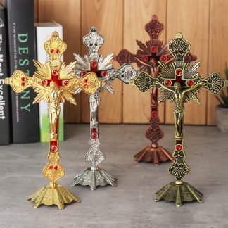Church Relics Figurines Crucifix Jesus Christ On The Stand Wall Cross Antique Religious Altar Home Chapel Decoration 4 Colors