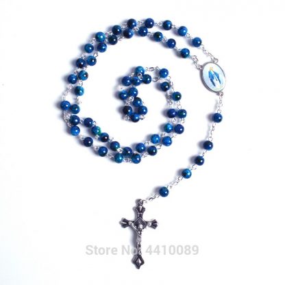 New Fashion Small Sized Round Blue Glass Beads Virgin Mary Catholic Rosary Necklace 2