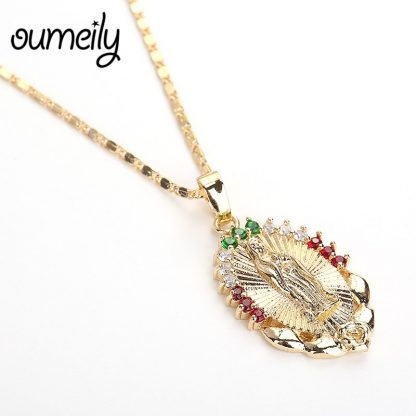 OUMEILY Oval Angle Virgin Mary Maria Statement Necklace Catholic Religious Jewelry Gold Color Men Women Engagement Party Jewelry 4