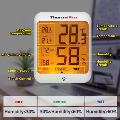 Thermopro TP53 Digital  Indoor Thermometers & Hygrometers Weather Station Room Thermometer with Touch Back light 2