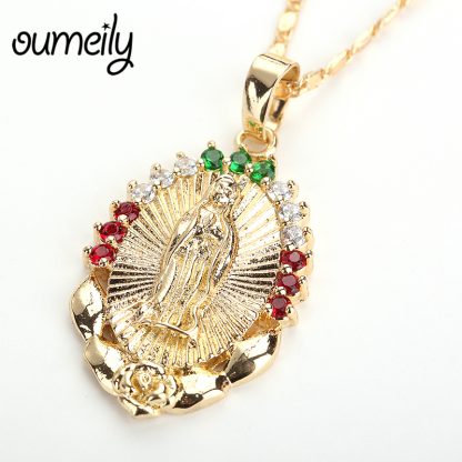 OUMEILY Oval Angle Virgin Mary Maria Statement Necklace Catholic Religious Jewelry Gold Color Men Women Engagement Party Jewelry 3