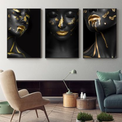 Beautiful Golden Black Lady Golden Canvas Painting Fashion Poster Print For Living Room HD Wall Art Ins Home Cuadros Decoracion 5