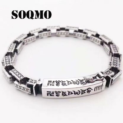 SOQMO 925 Sterling Silver Buddha Bracelet Men Six-word Mantra High Polished Retro Black Handmade Jewelry For Male SQM235