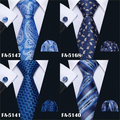 Designer Ties For Men 20 Styles Blue Fashion Silk Neckties Hanky Cufflinks Set For Men Wedding Party Tie Set Barry.Wang BL-01 5